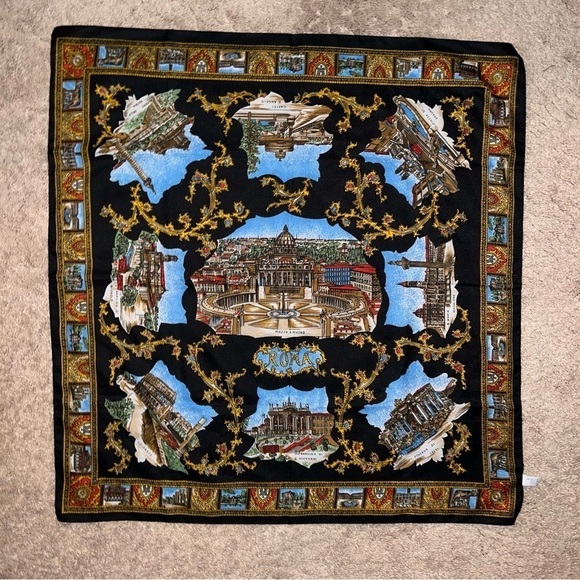 Vintage PIAZZA PIETRO St Peters Square Blue and Gold ROME Scarf Made in ITALY - Picture 13 of 13